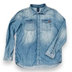 &Denim Size 11-12Y Girls Snap Long Sleeve 100% Cotton Denim Shirt